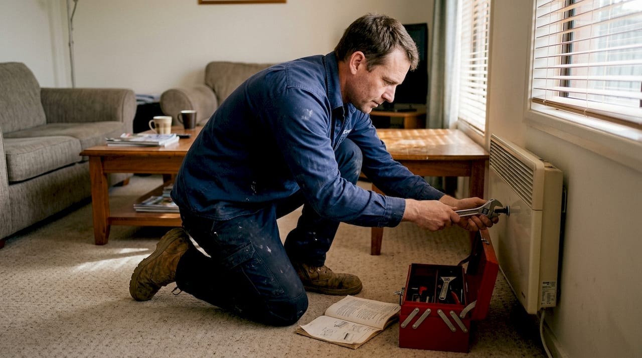 Technician repairing heater in apartment