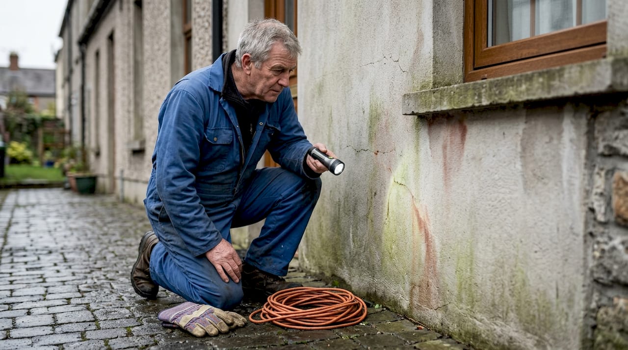 Worker inspecting home wall insulation damage