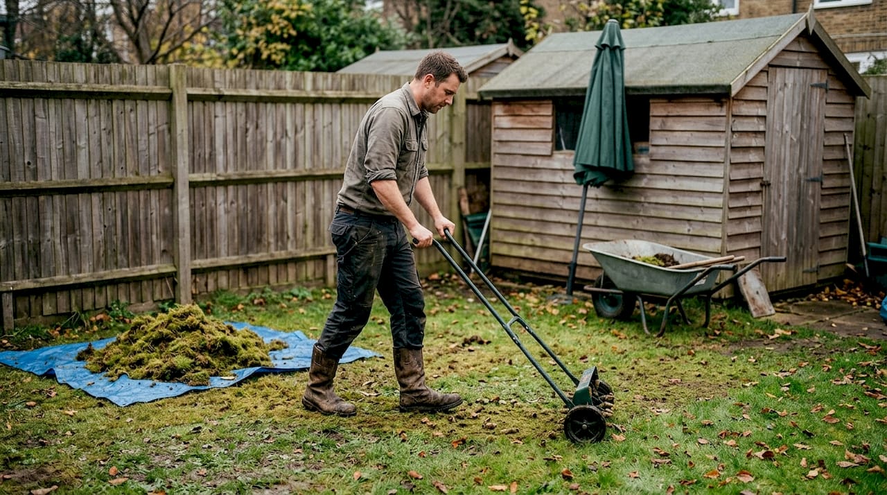 Groundskeeper aerating wet backyard lawn