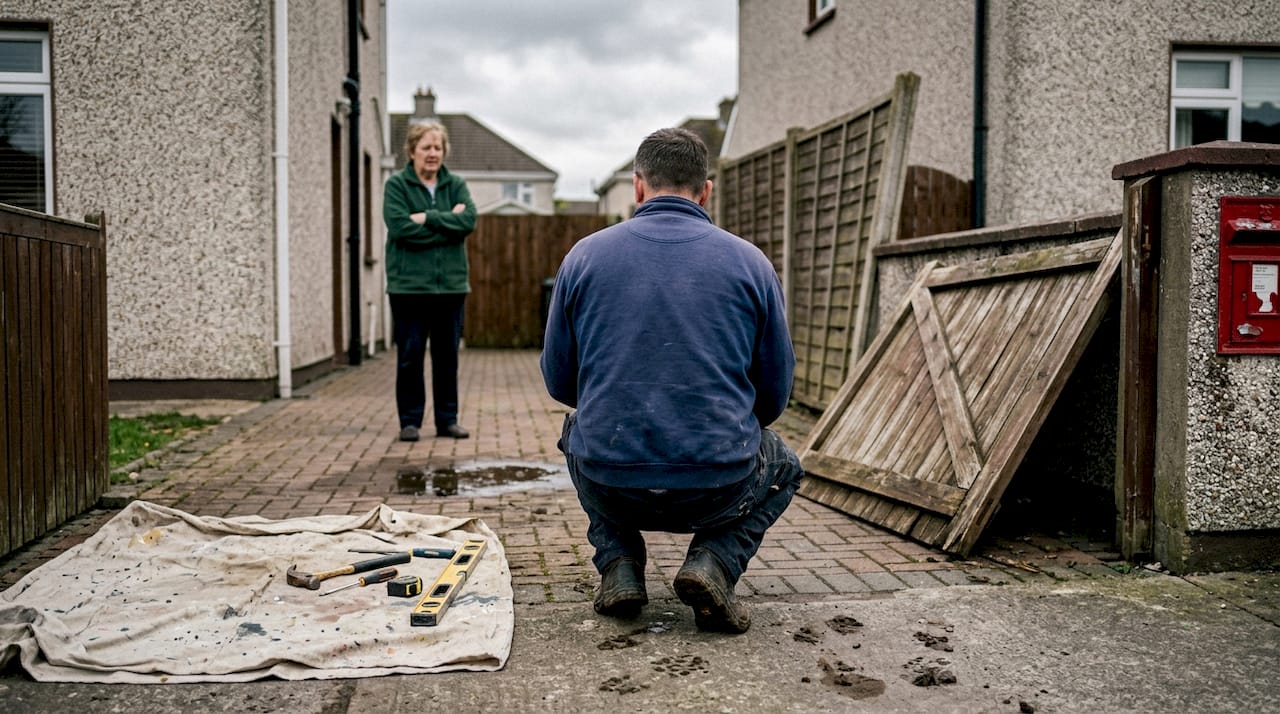 Tradesperson inspecting damaged backyard gate