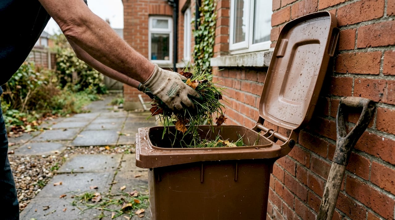 Hands filling brown bin with garden waste