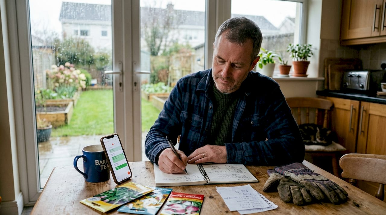 Man planning garden tasks at kitchen table