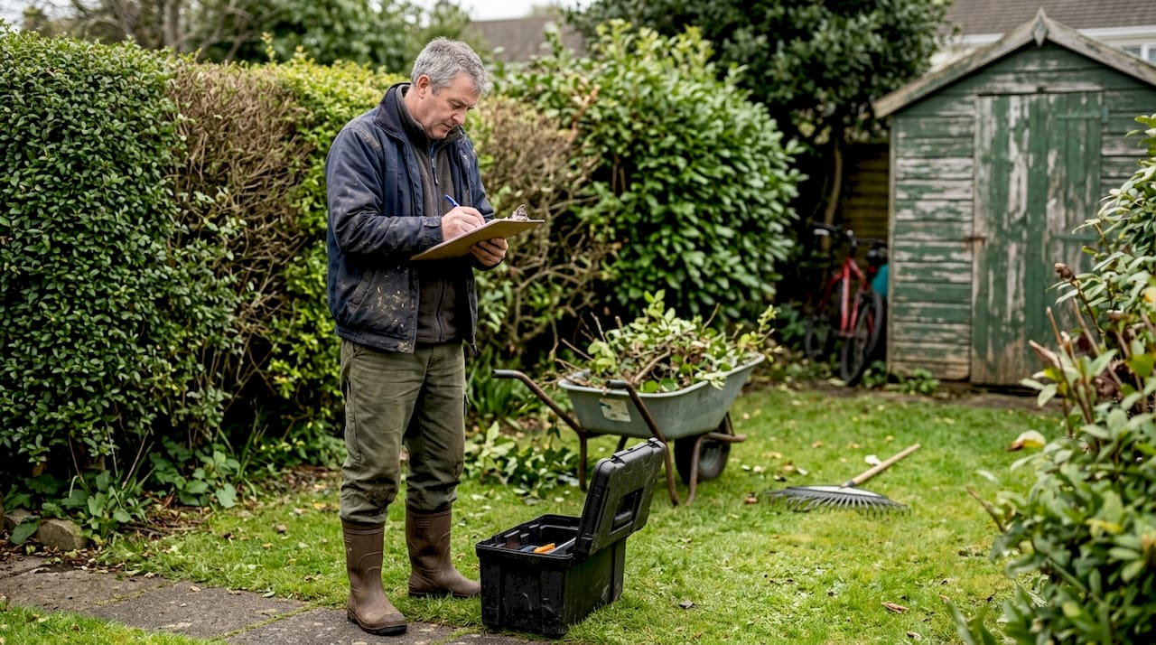 Groundskeeper documenting outdoor maintenance tasks