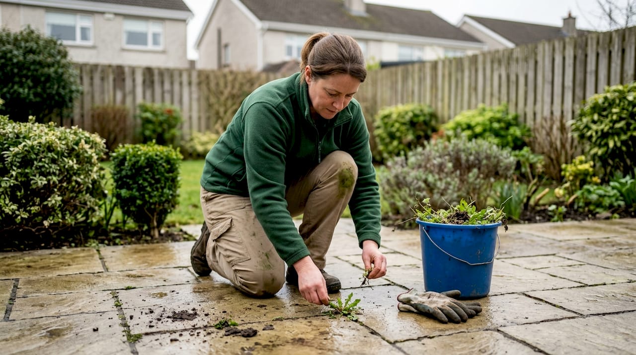 Landscaper weeding limestone patio in Dublin garden
