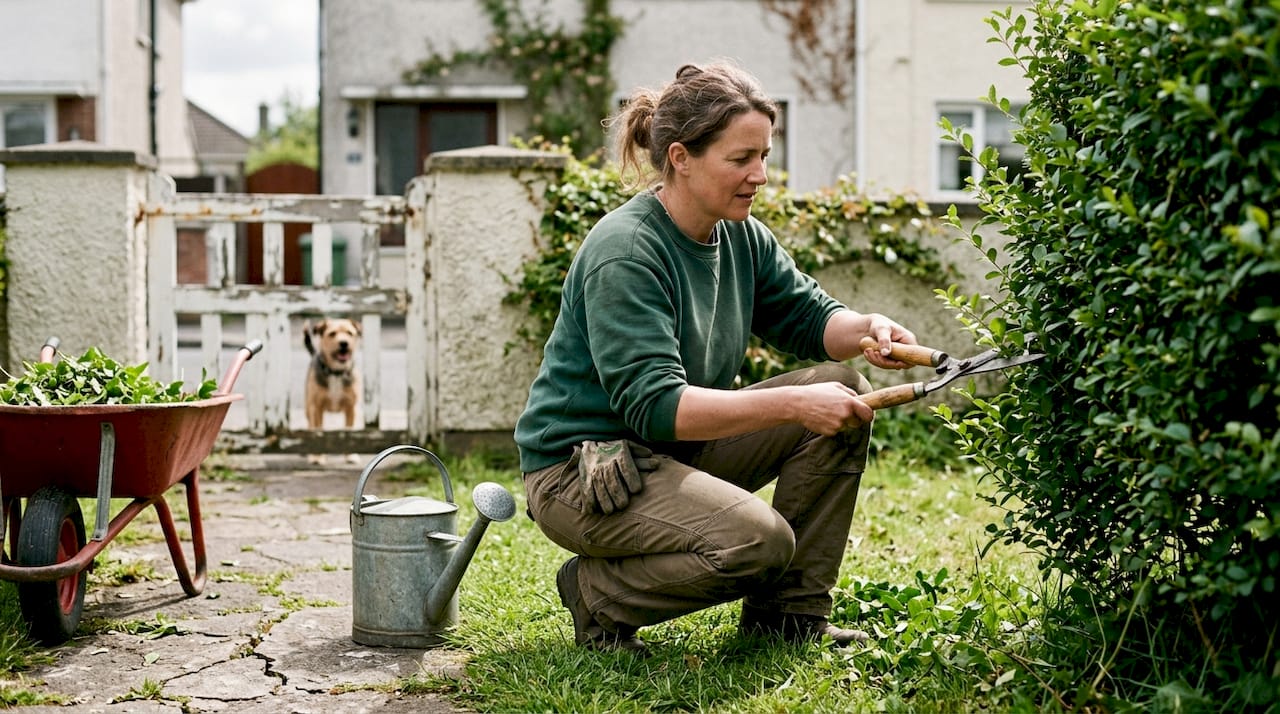 Gardener trimming hedge at Dublin property