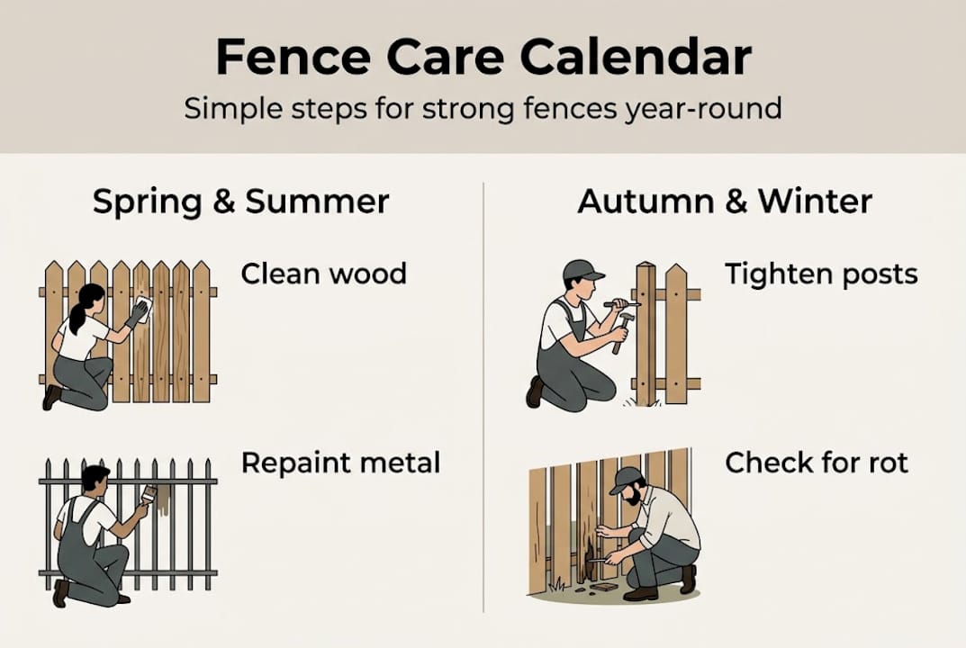Infographic with Dublin fence care year-round steps