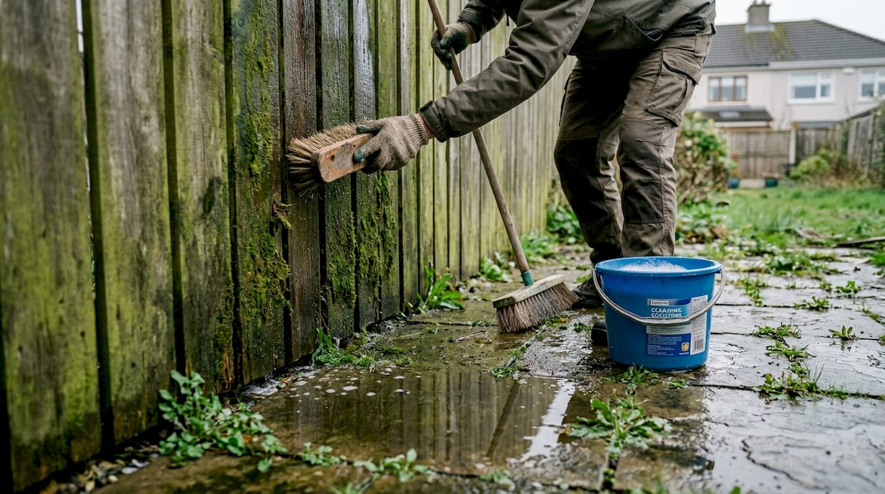 Scrubbing moss from Dublin timber garden fence