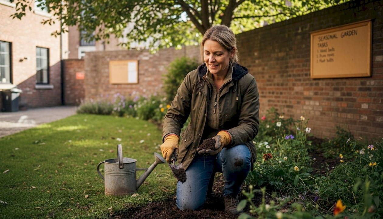 Gardener inspects soil in Dublin courtyard