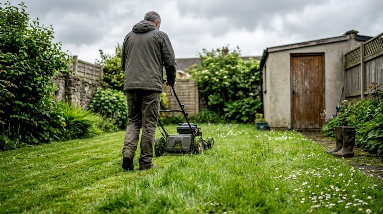 Homeowner mowing damp Dublin garden lawn