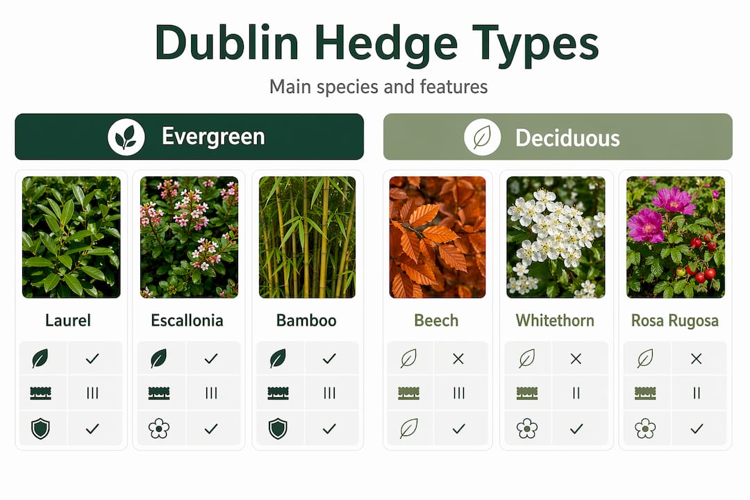 Infographic comparing Dublin evergreen and deciduous hedge types
