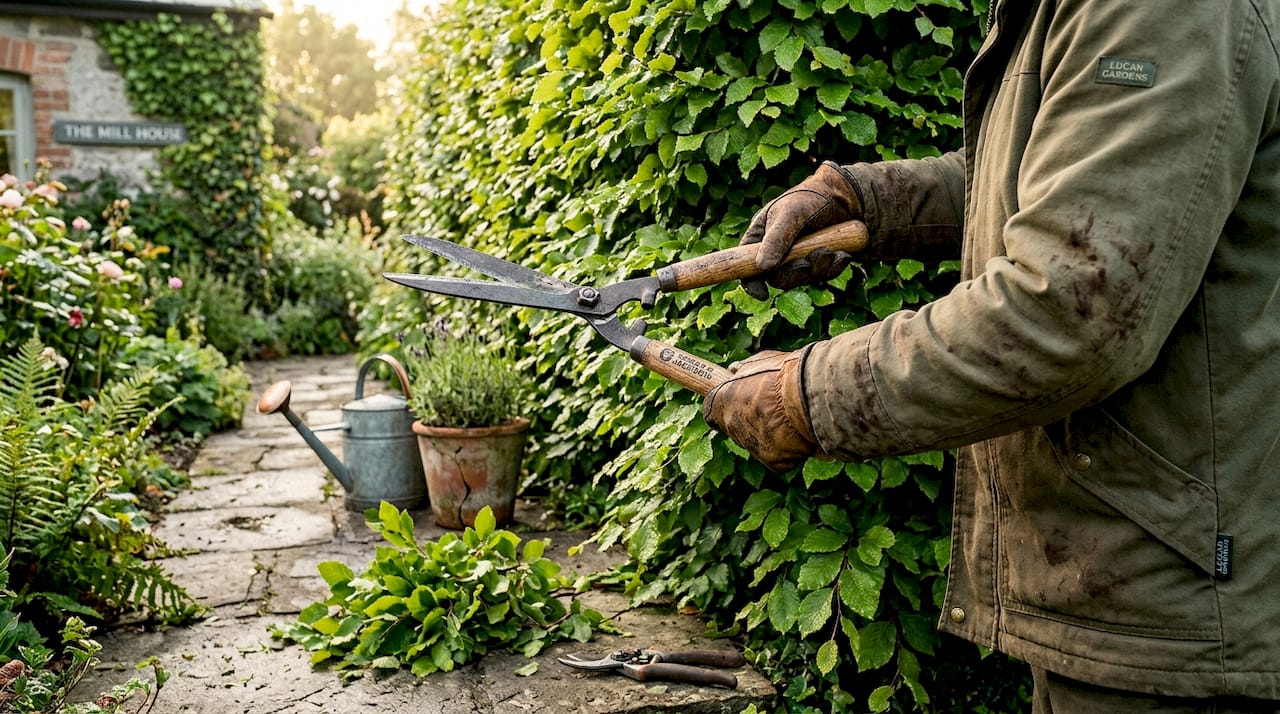 Gardener hands trimming Lucan privet hedge