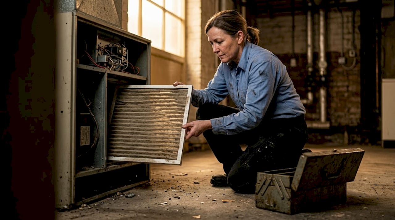 HVAC technician removing dusty air filter