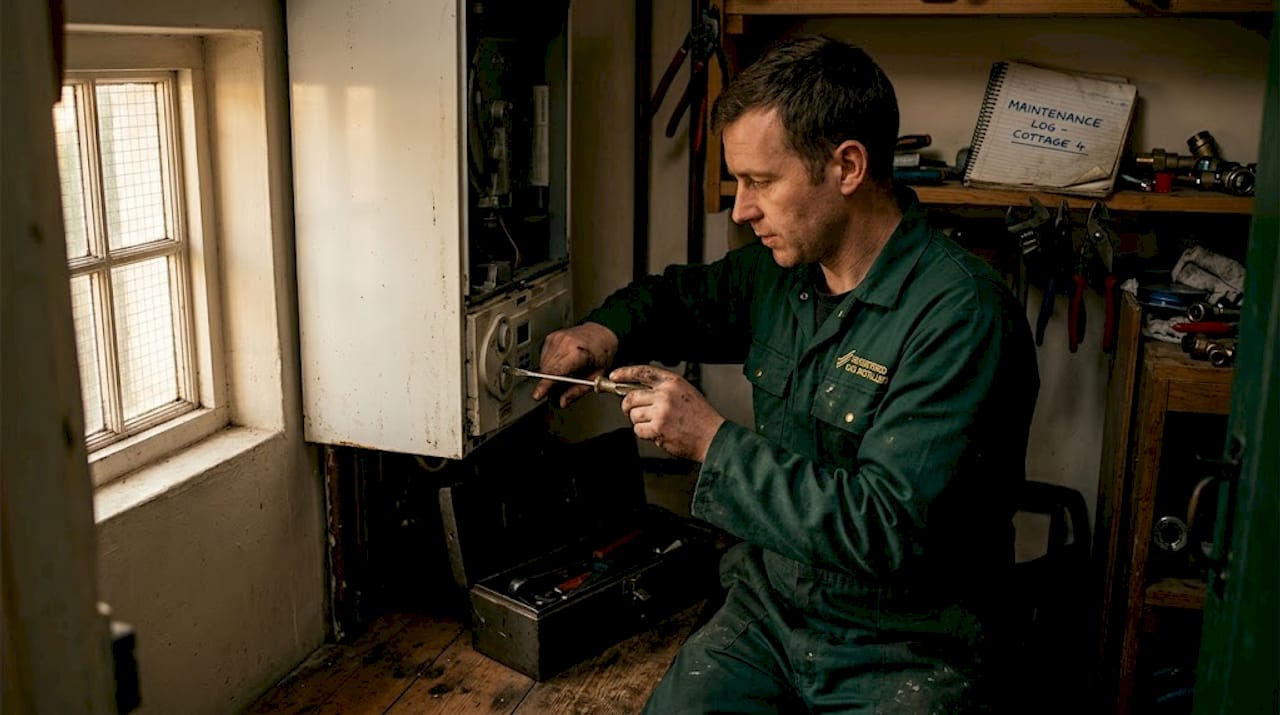 Heating technician servicing boiler in utility room