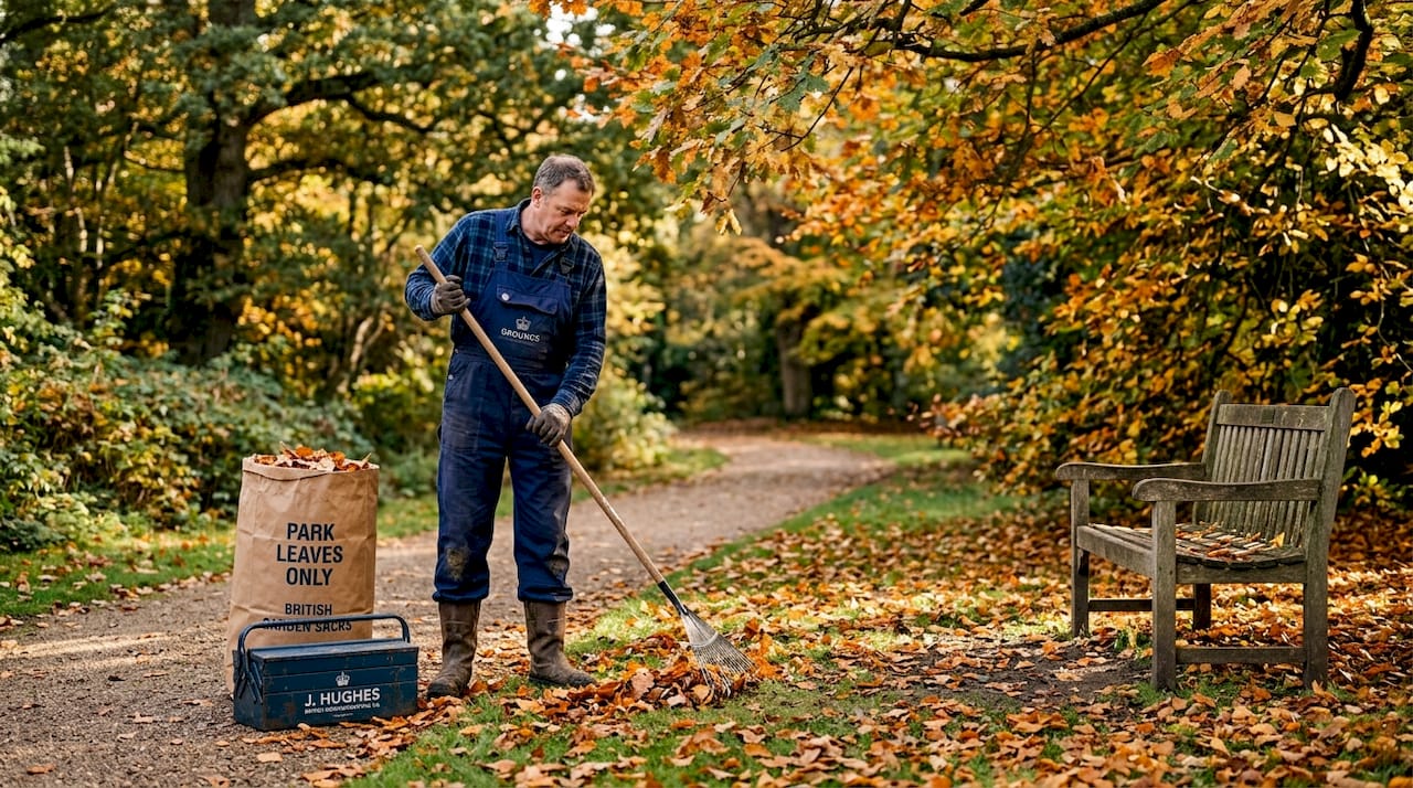 Groundskeeper raking leaves at apartment property