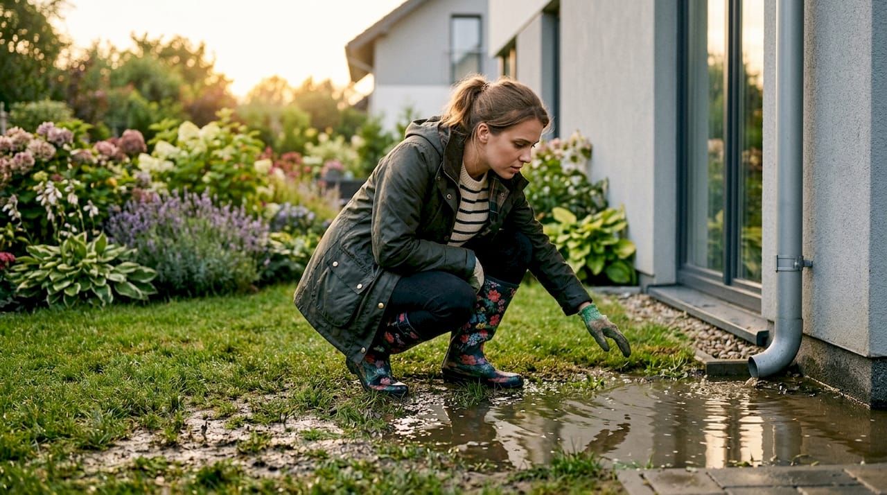 Homeowner inspecting water pooling near gutter