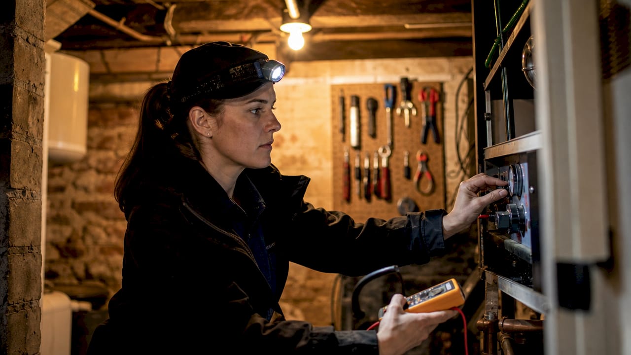 Technician inspecting HVAC controls in home utility space