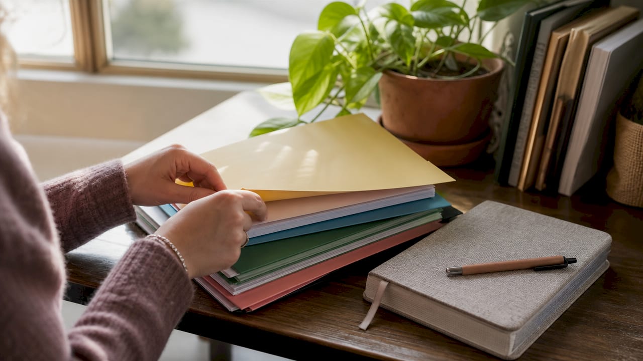 Hands organizing maintenance folders on desk