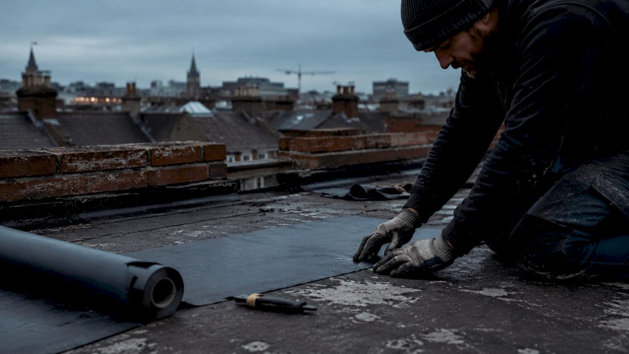 Close-up of roofing waterproofing work