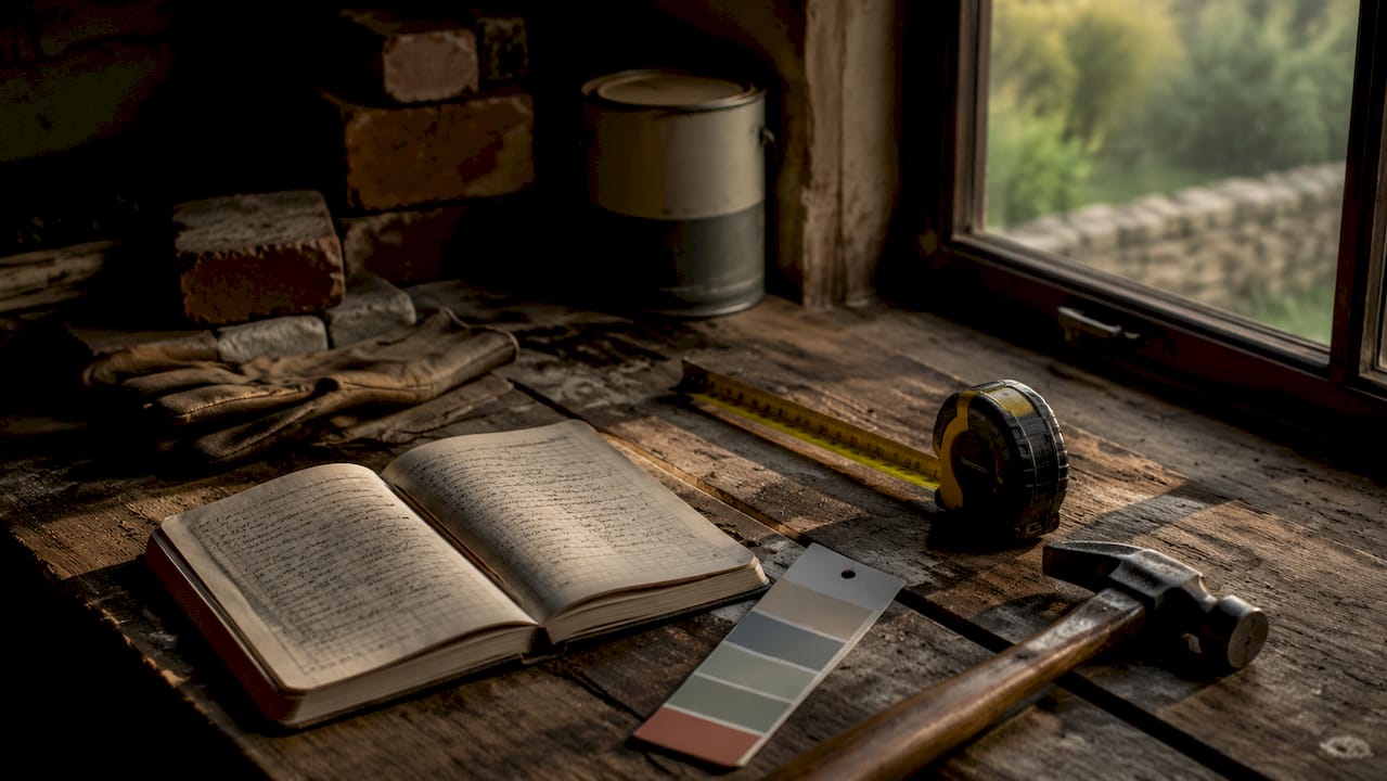 Home repair tools and property logbook overhead view