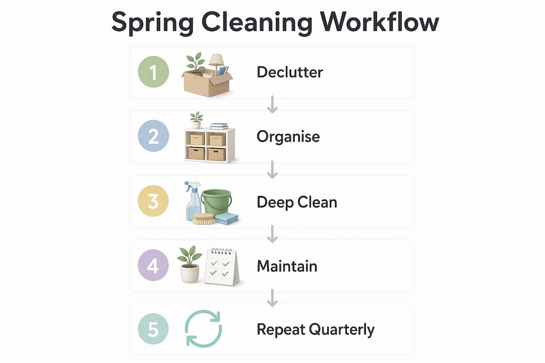 Infographic illustrating spring cleaning workflow steps