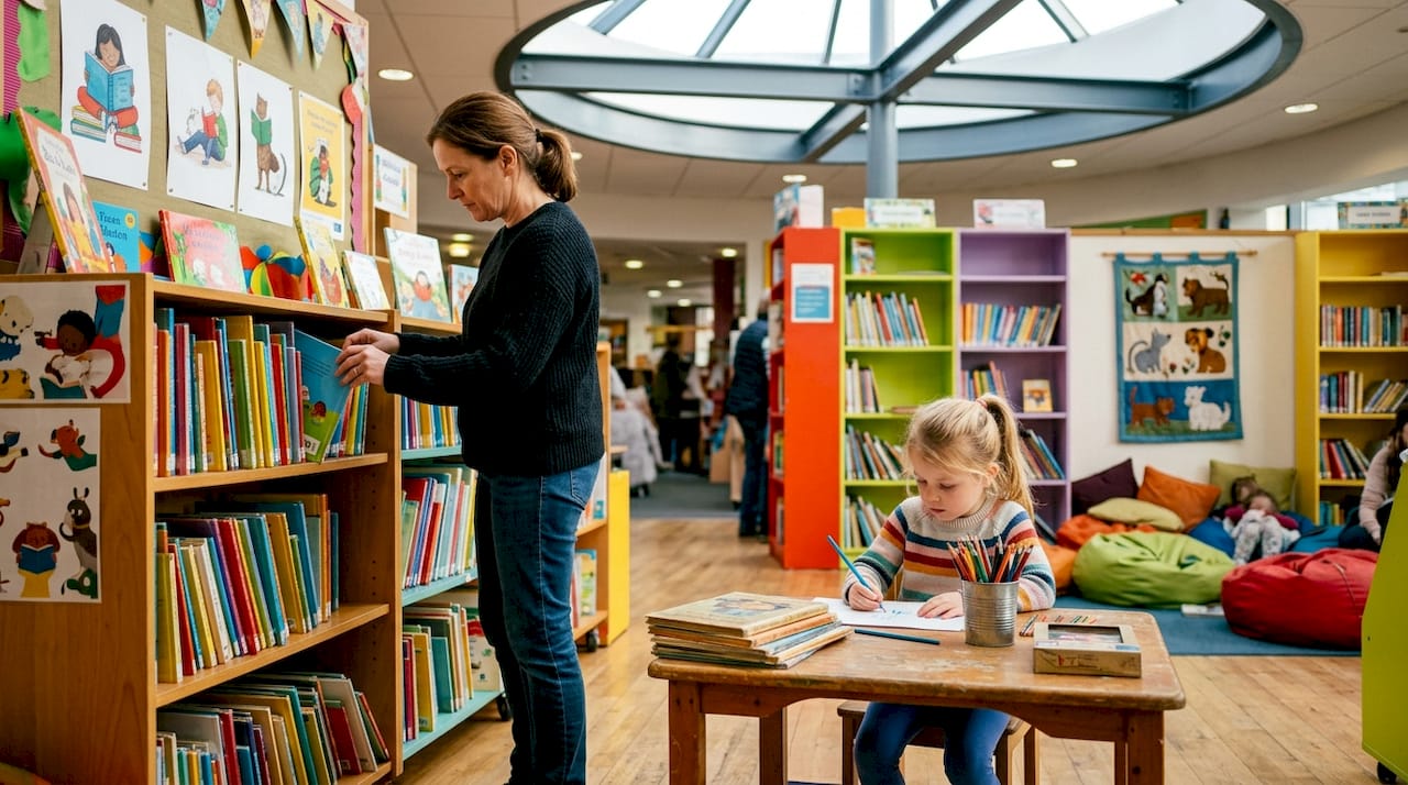 Inside Palmerstown Library with visitors browsing
