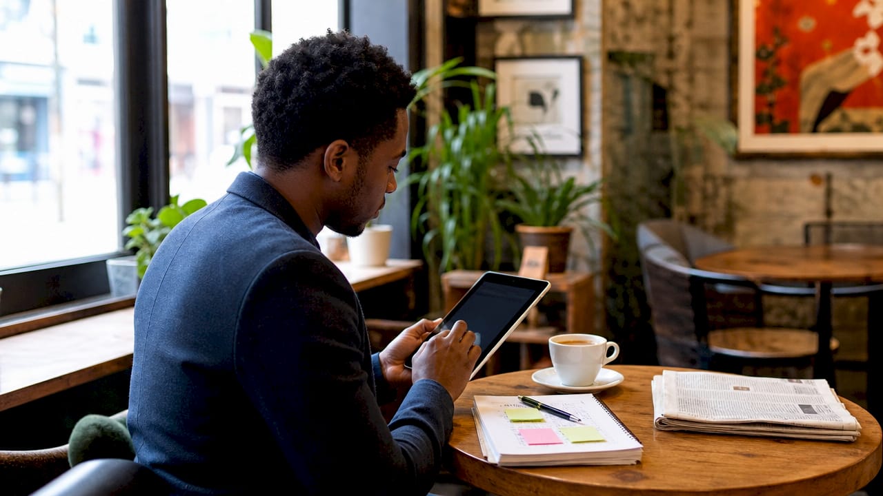 Hands scrolling maintenance schedule on tablet