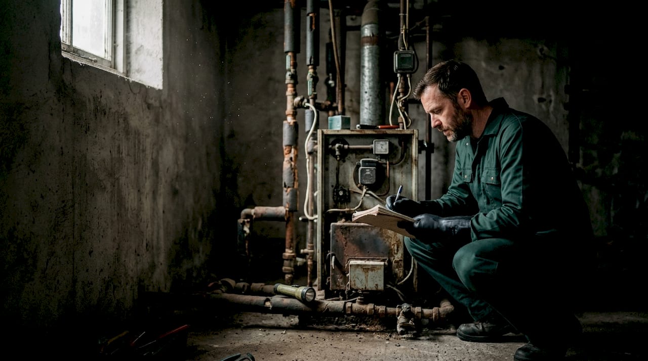 HVAC technician inspecting heating system