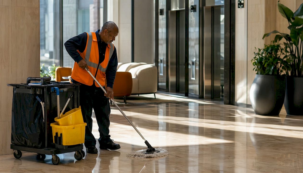 Janitor cleaning commercial building lobby