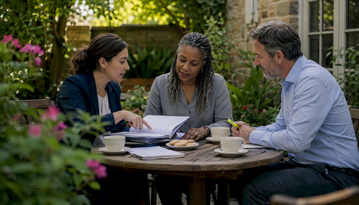 Team discussing outsourcing cost savings at meeting table