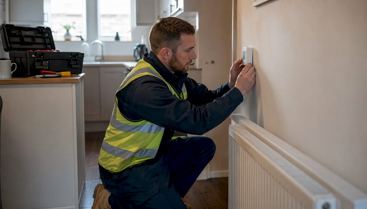 Engineer installing thermostat in home