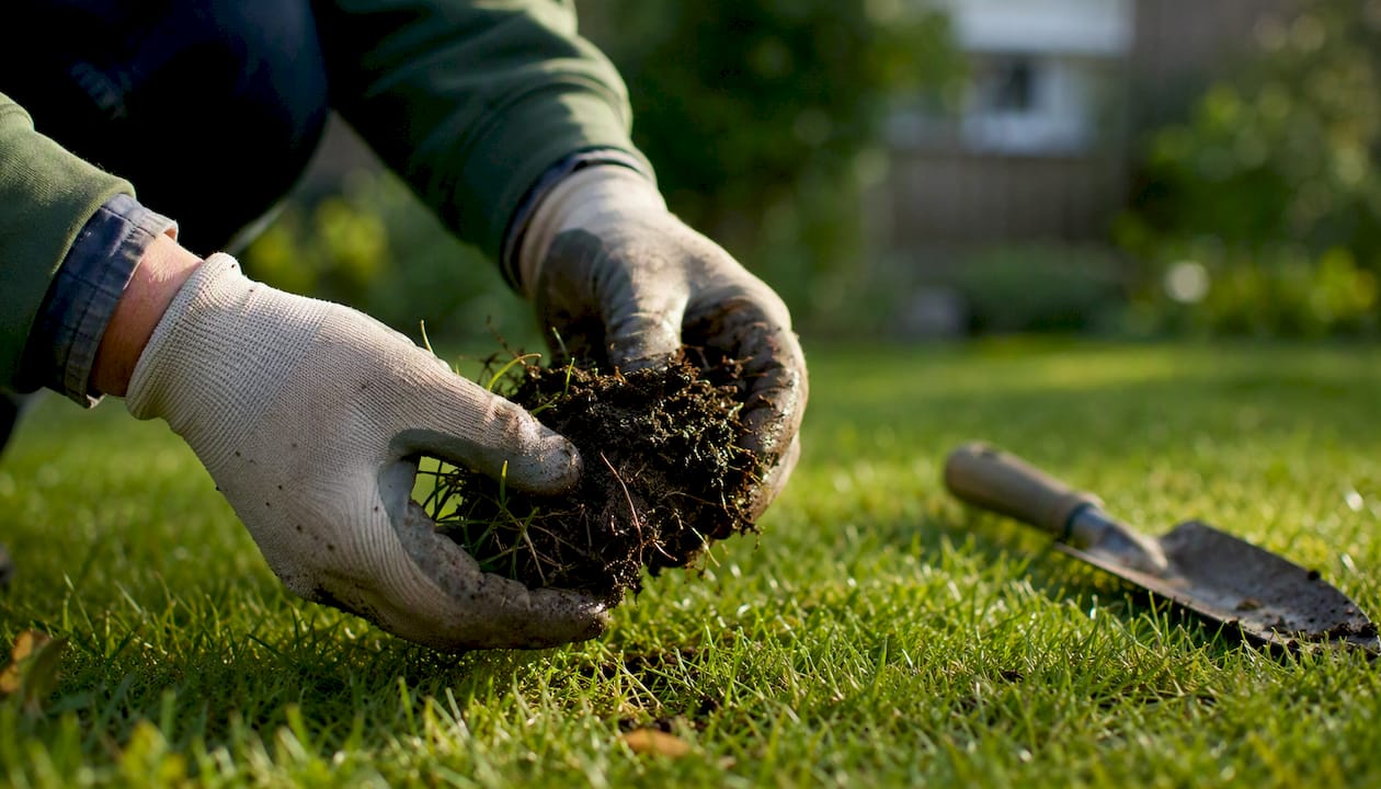 Gardener inspecting lawn soil sample