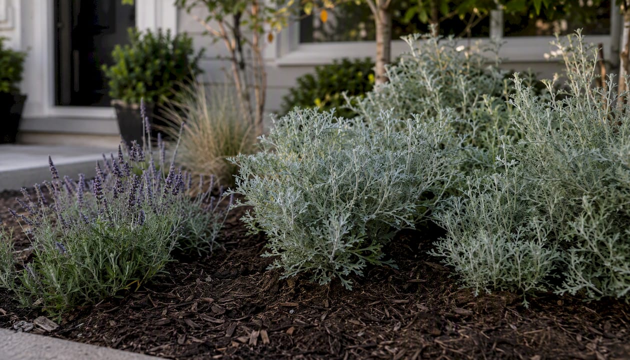 Silver leaf drought tolerant plants in mulched bed