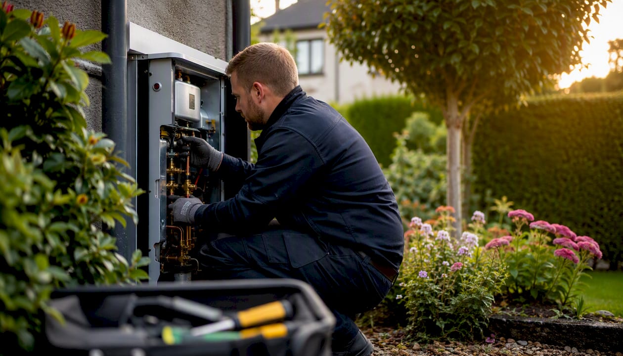 Worker servicing boiler outdoors