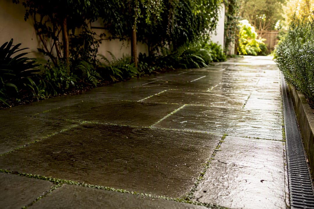 Damp shaded patio with returning lichen