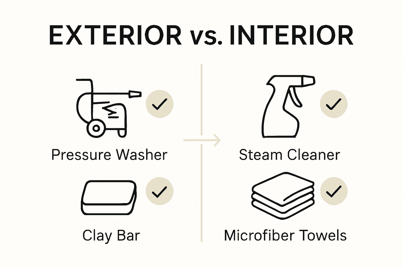Infographic comparing essential tools for exterior and interior auto detailing