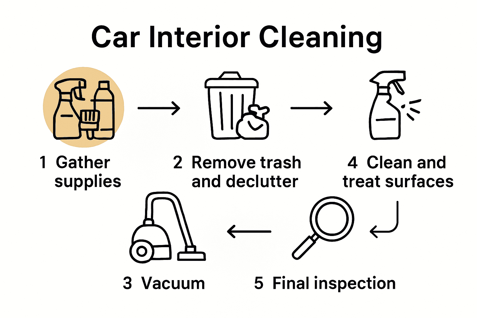 Five-step car interior cleaning process with icons