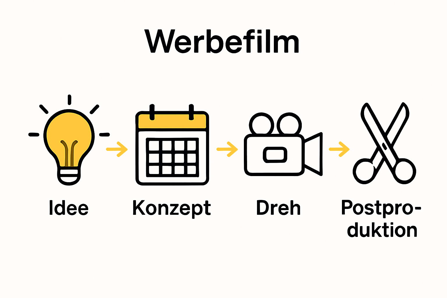 Infografik Werbefilm-Produktionsablauf mit Icons.