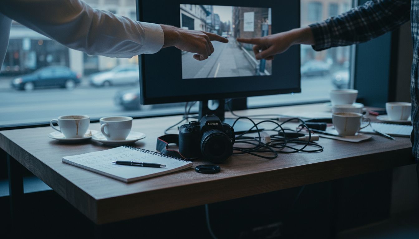 Team reviewing video footage at desk