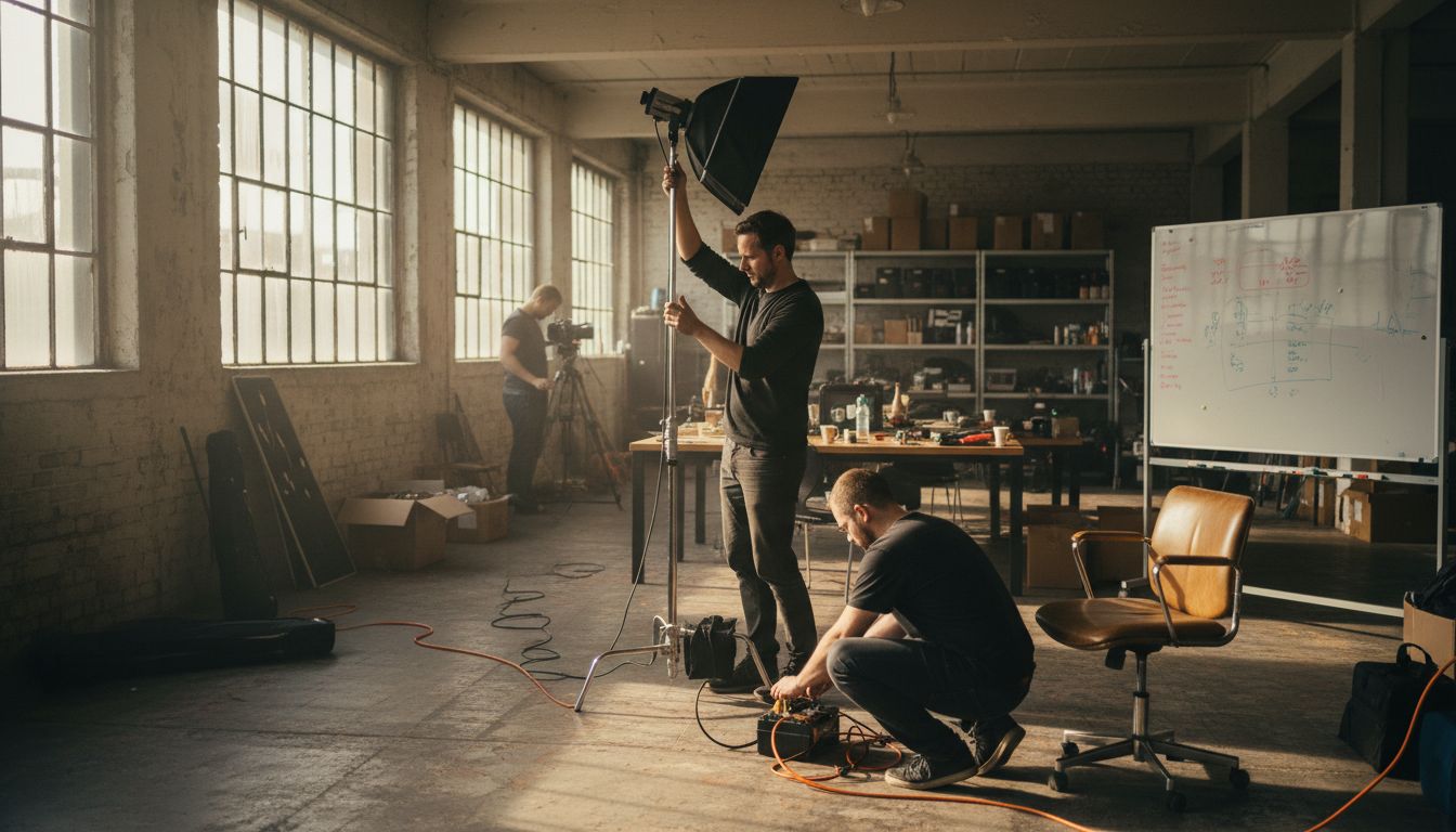 Film crew arranging lighting in office