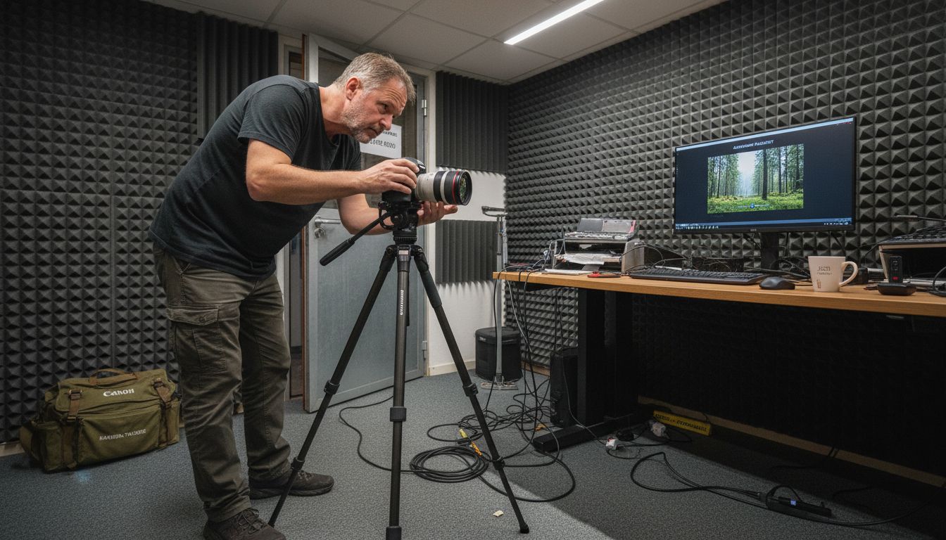 Ein Videograf bereitet im Studio sein Kamera-Equipment vor.