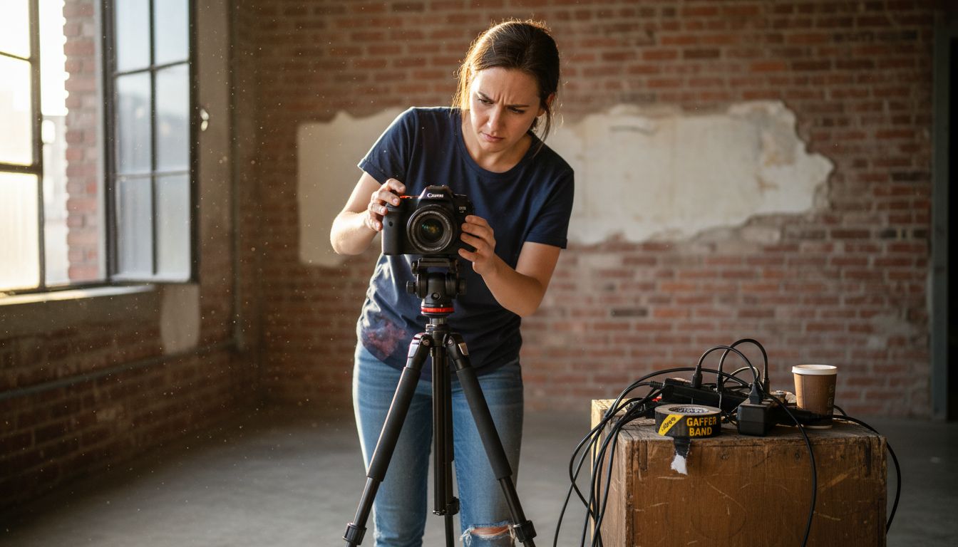 Eine Frau richtet im Studio alles für einen Videodreh her.
