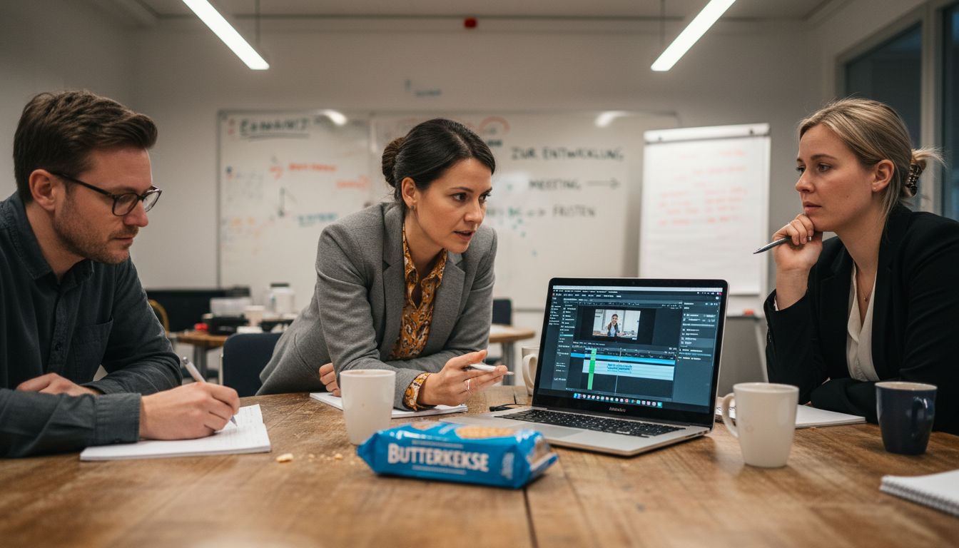Das Team sitzt gemeinsam am Tisch und bespricht verschiedene Videoformate.