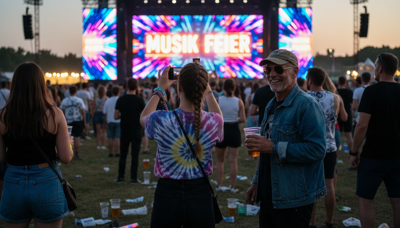 Festivalbesucher verfolgen gespannt die Show auf einer riesigen Videoleinwand.
