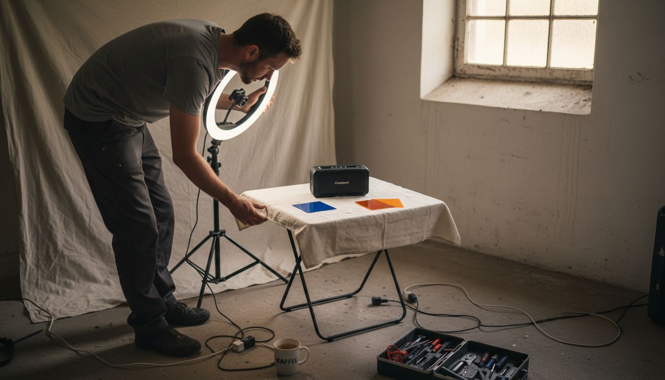 Ein Mann richtet das Licht für ein Produktfoto ein.