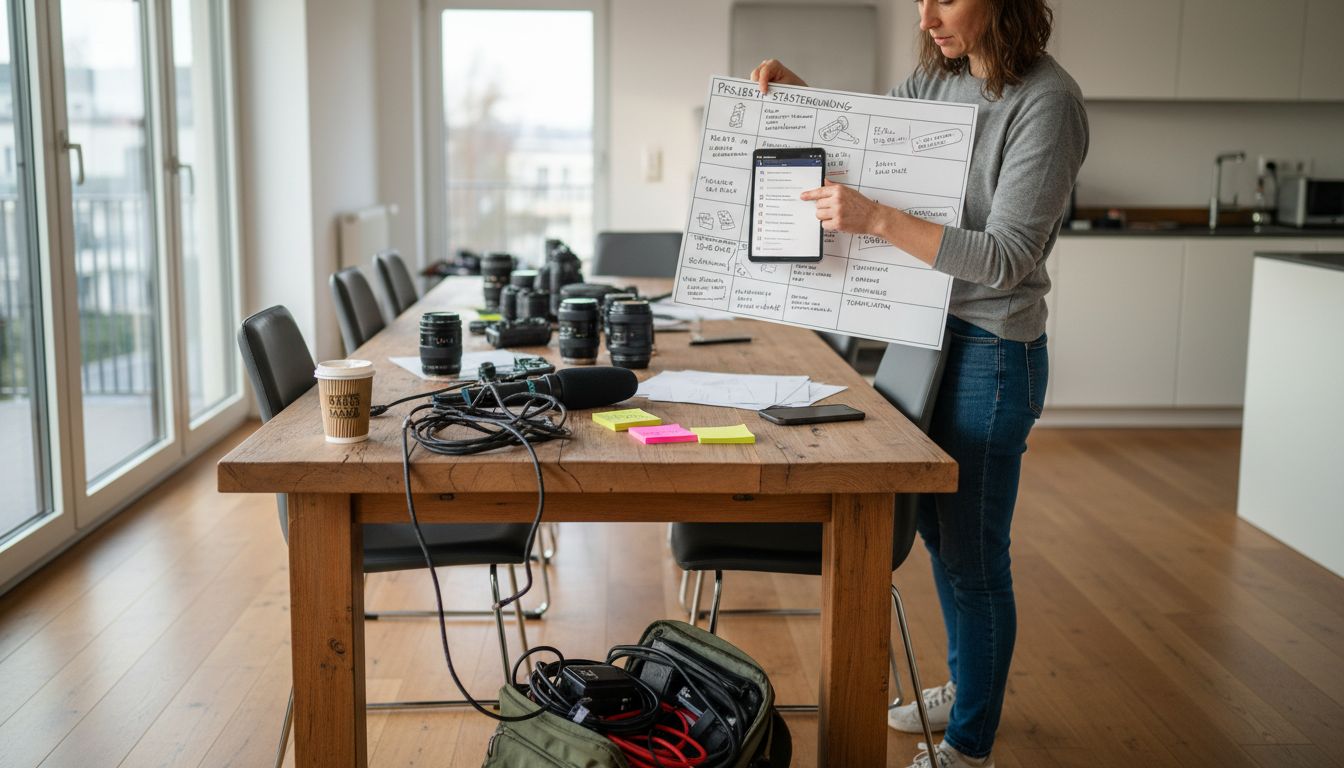 Eine Frau bereitet ein Videoprojekt vor und arrangiert das nötige Equipment.