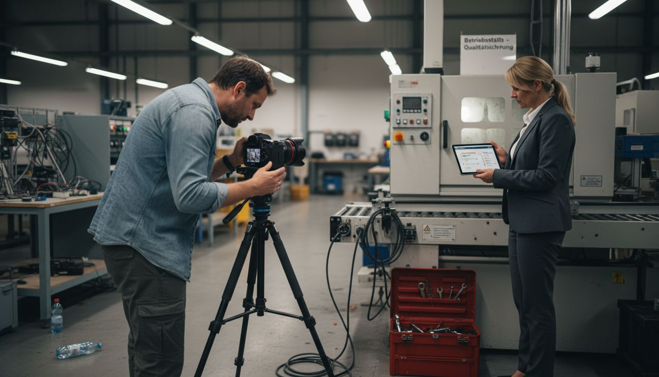 Ein Videograf bereitet den Dreh für das Unternehmensvideo eines B2B-Kunden vor.