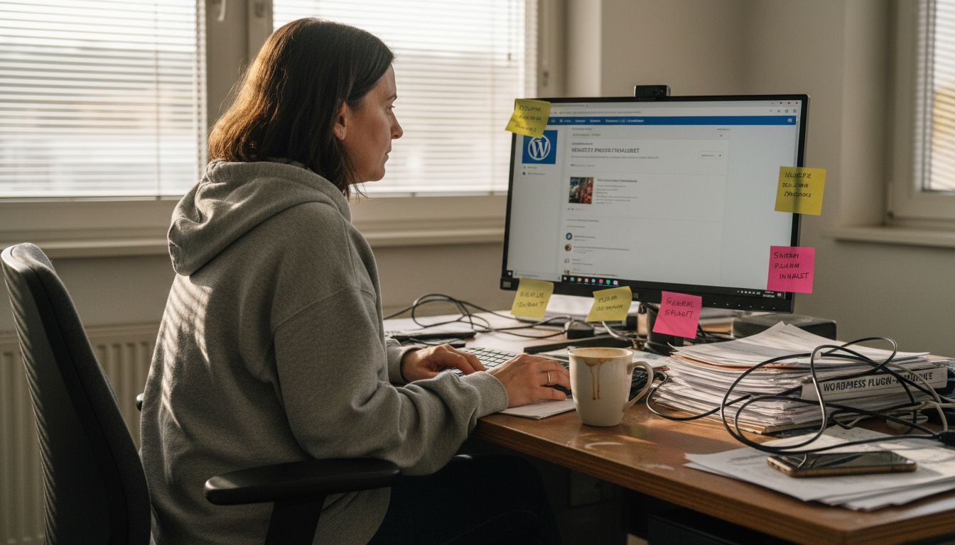 Ein Webentwickler sitzt am Schreibtisch und bringt die WordPress-Plugins auf den neuesten Stand.