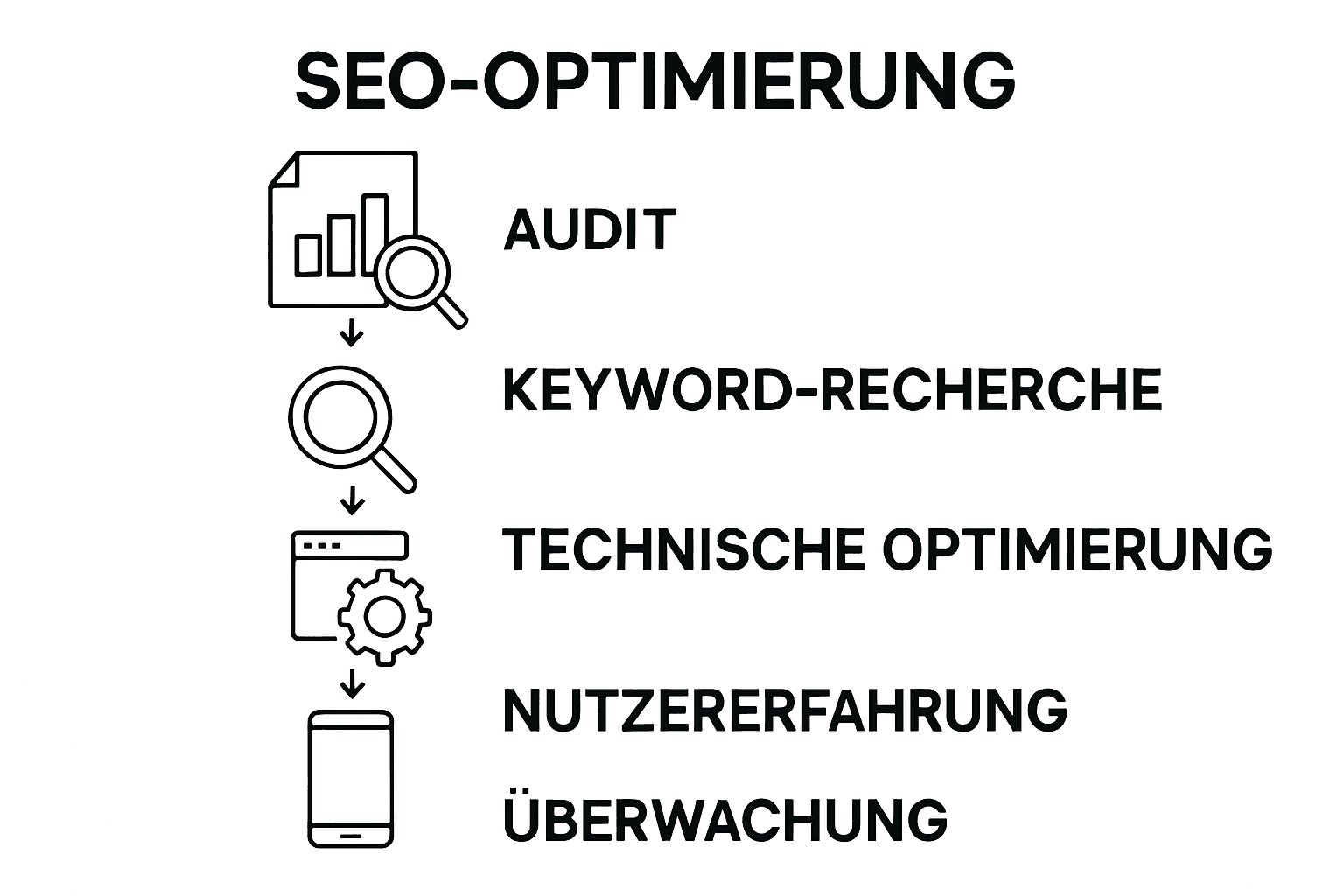 Grafik mit den fünf wichtigsten Schritten zur SEO-Optimierung