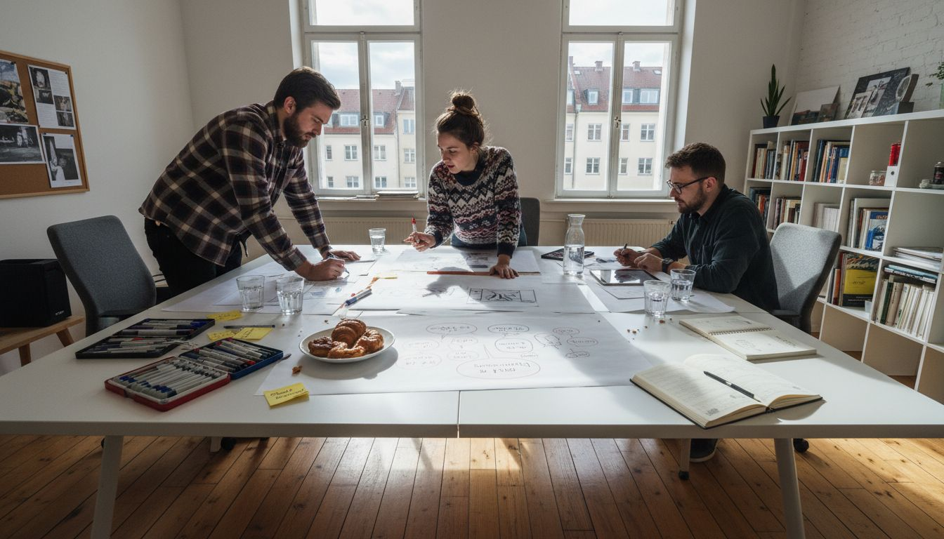 Ein Team entwickelt gemeinsam am Tisch das Storyboard für ein Videoprojekt.