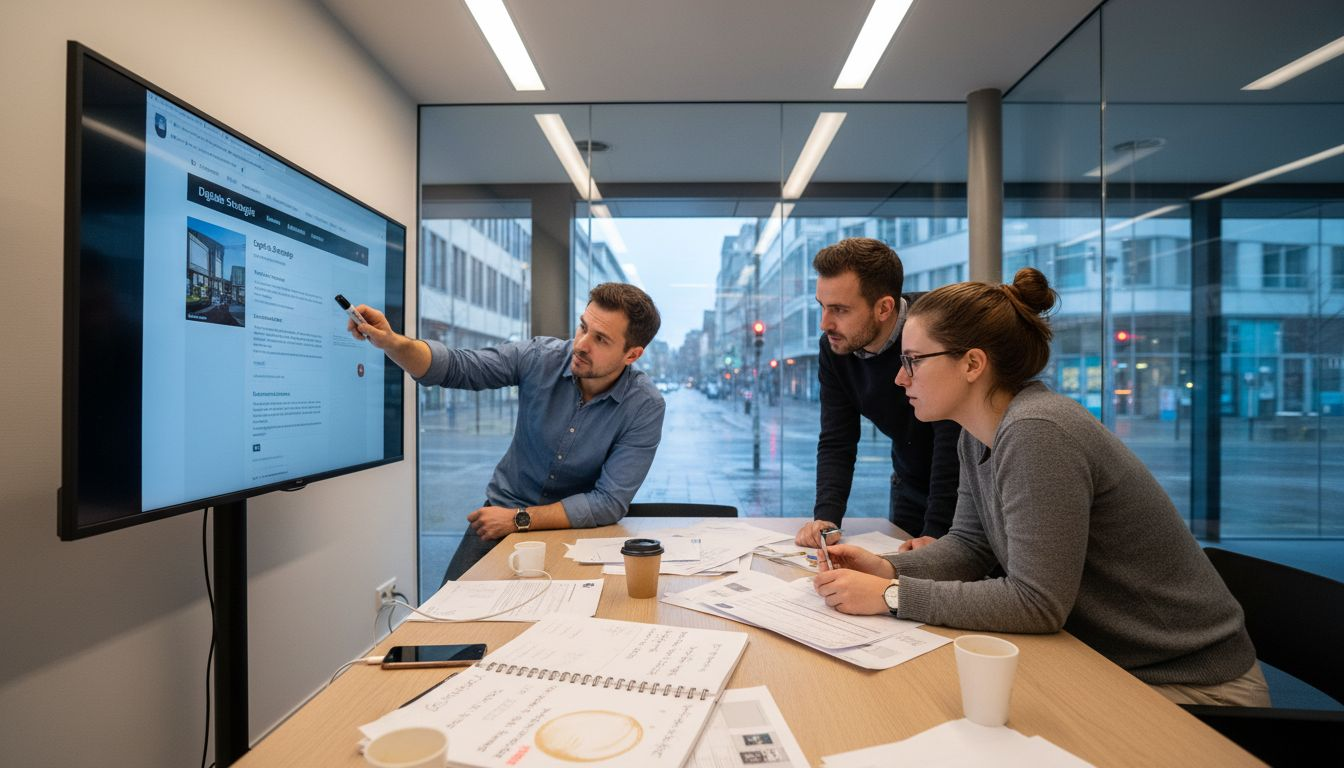 Im Konferenzraum tauscht sich das Team über das neue Webdesign aus.